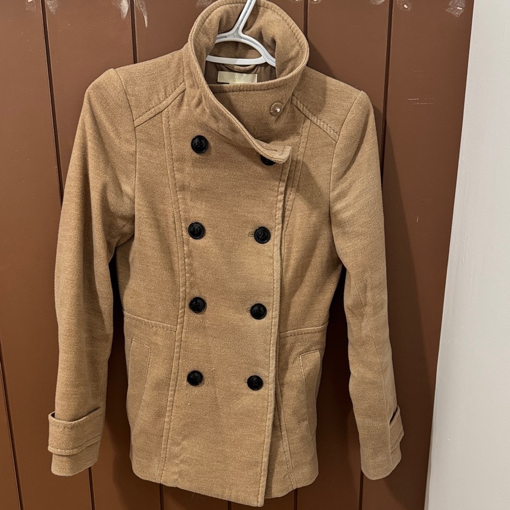 H&M Funnel Neck Tan Double-Breasted Peacoat